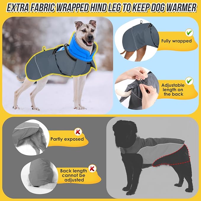 SlowTon Dog Winter Coat, Windproof 3 Layers Thick Warm Fleece Lining Dog Jacket for Cold Weather, Reflective Dogs Apparel with Leash Opening for Medium Large Dogs(Blue,2XL)