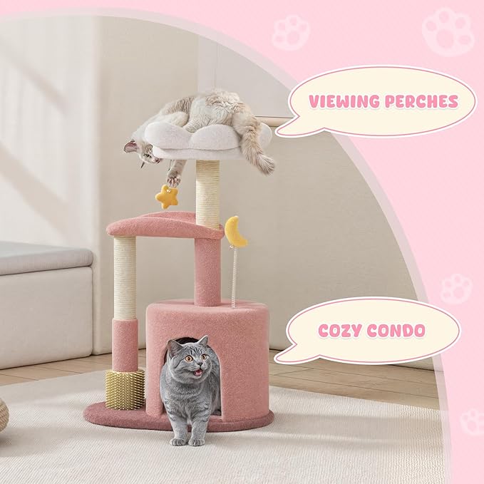 Magshion Flower Cat Tree for Indoor Cats, 33" Cute Cat Tower with Scratching Post, Condo, Top Flower Perch and Dangling Balls, Compact Cat Stand for Kittens, Pink