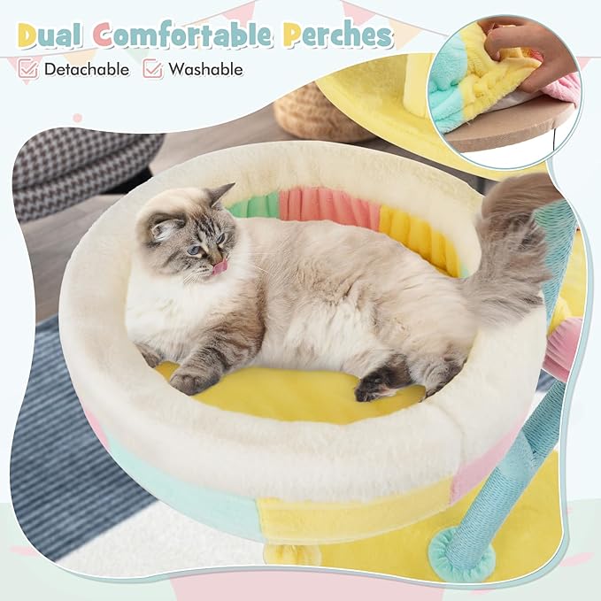 PETSITE 57.5 inch Tall Cute Cat Tree Tower, Cat Tower with Paper Rope Scratching Posts, Top Open-plan Condo, 2 Side Removable Perches, and Dangling Balls, Amusement Park Style Cat Tree for Indoor Cats