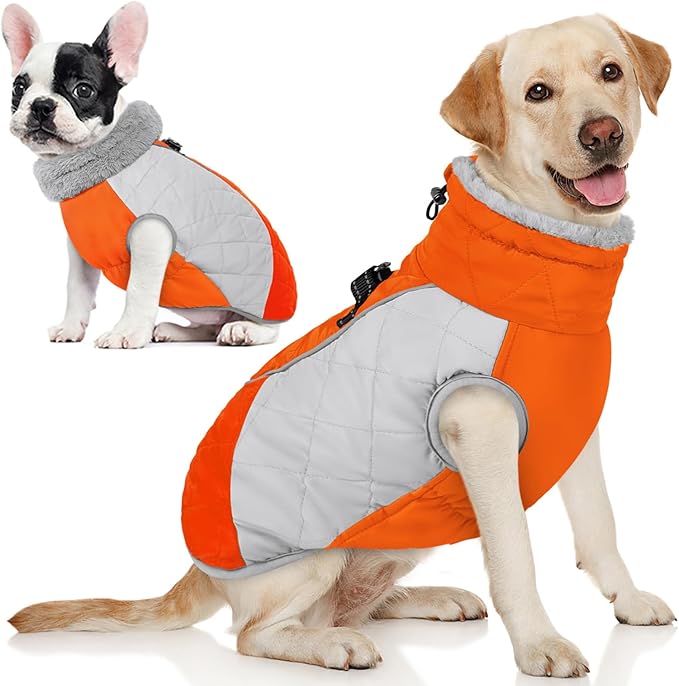 AOFITEE Dog Winter Coat, Dog Coat for Large Dogs, Reflective Large Dogs Jacket with Harness Built in and Fleece Lined, Waterproof Pet Winter Jacket Warm Snowsuit for Cold Weather, Orange XXL
