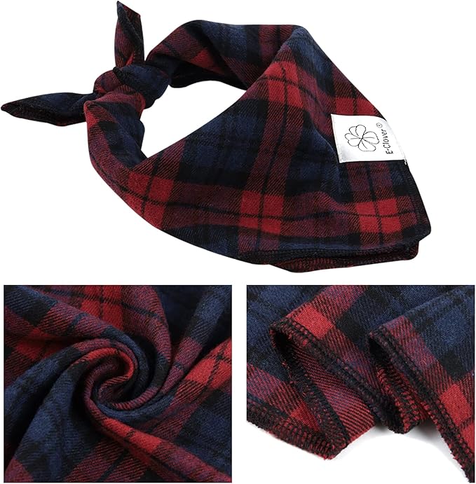 E-Clover Red Blue Dog Bandanas & Matching Scrunchie Set Plaid Dog Scarf Bibs Pet Handkerchief for Small Dogs Puppy Owner Gifts