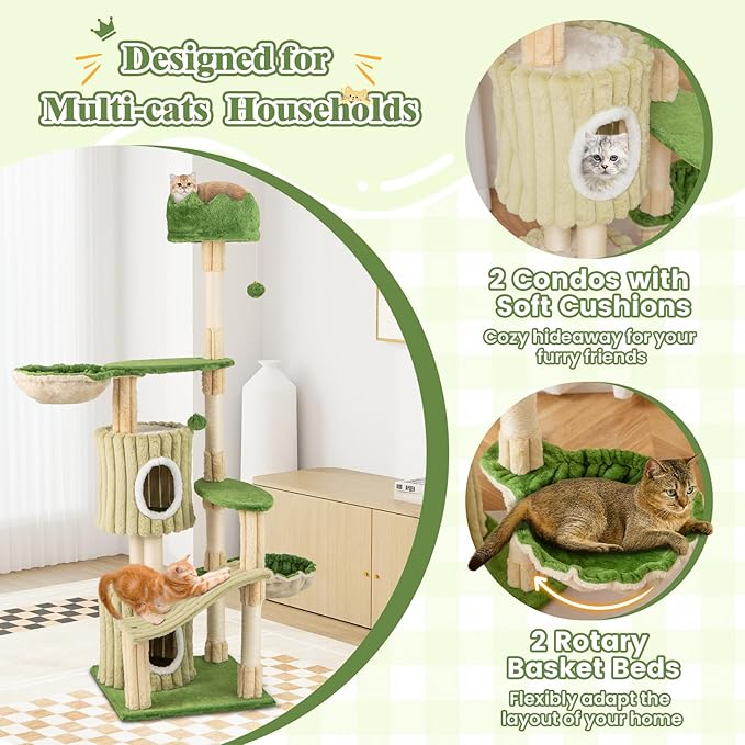 Tangkula 63 Inch Tall Cat Tree, Cute Green Cat Tower with 2 Condos, Plush Top Perch, 2 Basket Beds, Sisal Scratching Posts, 2 Dangling Balls, Slide Platform, Large Aesthetic Cat Tree for Indoor Cats