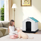 DWVO Large Outdoor Dog House, Plastic Doghouse with Air Vents and Ground Nails, Insulated Water Unaffected Puppy Shelter for Small Medium Dogs (28.5''L x 26''W x 28''H, Blue)