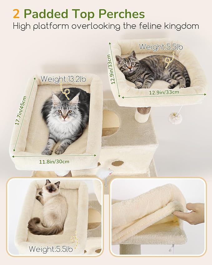 Globlazer Heavy Duty Cat Tree Tower 80in Tall Extra Large Cat Tree Tower for Multiple Indoor Cats Large Adult with Scratching Posts, 2 Spacious Condos, Padded Perches, Soft Hammock, S80B, Beige