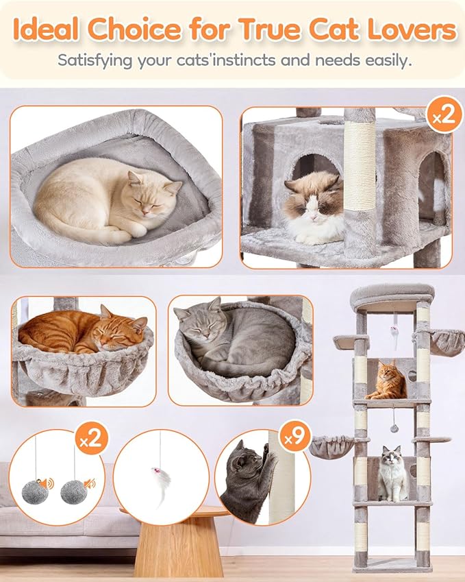 Taoqimiao 73 Inch Cat Tree XXL, Cat Tower for Indoor Cats, Large Cat Tree for Big Cats, Enlarged Platform, 2 Spacious Cat Condos, 9 Scratching Posts, 2 Cozy Baskets, F30W Light Gray