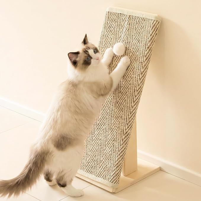 PETKARAY Inclined Cat Scratcher, Sisal Scratching Ramp for Indoor Cats, 24.8'' Cat Scratch Post for Couch, Replaceable Sisal Scratch Pad with Toy Ball, Chevron