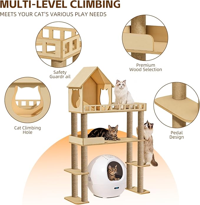 Wood Cat Tree for Automatic Litter Box, 60.2 Inch Tall Modern Cat Tree Tower with Litter Box Enclosure, Multi-Level Wooden Cats Tower Furniture with Scratching Posts, Condo House for Indoor Cats