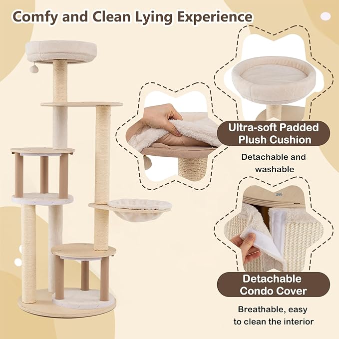 PETSITE 60-inch Wooden Cat Tree, Multi-Level Modern Cat Tower with Sisal Scratching Posts, Double Condos, Padded Cozy Top Perch, Multiple Jumping Platforms, and Hanging Ball, Ideal for Indoor Cats