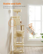 Feandrea Cat Tree, 81.1-Inch Large Cat Tower, Multi-Level Plush Condo with 13 Scratching Posts, 2 Perches, 2 Caves, Basket, Hammock, Pompoms, Beige UPCT190M01