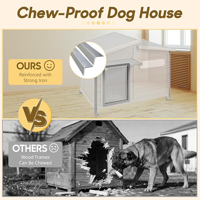 Outdoor Wooden Dog House for Small Dogs, Weatherproof Winter Dog Kennel with Openable Roof & Window, Chew-Resistant Frame, Cozy Indoor Shelter (Grey, 34" D x 22" W x 26.5" H)
