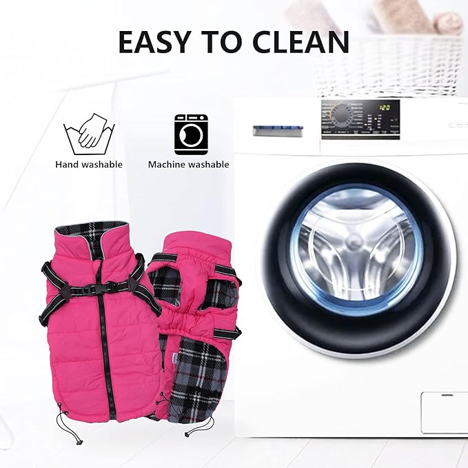 Winter Warm Coat Geyecete Waterproof Dog Jacket with Harness Traction Belt,Pet Outdoor Jacket Autumn and Winter Clothes for Medium, Small Dog-Pink-L