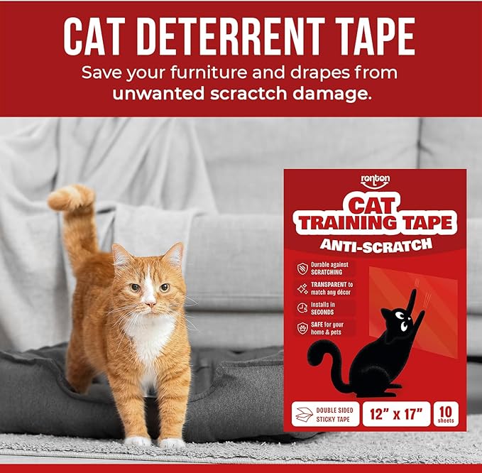 Ronton Cat Scratch Furniture Protector – Double Sided - Anti Cats Scratching Sticky Tape - No-Residue for Couch, Doors & Walls - 10 Sheets - XL 17" L 12" W Furniture Protectors – Clear Training Tape