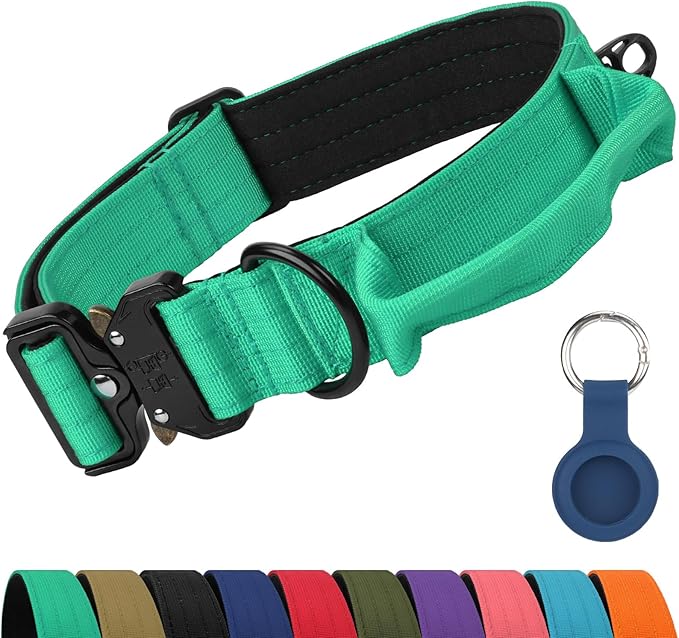 Joytale Tactical Dog Collar for X-Large Dogs with Control Handle, Heavy Duty Military Training Collar for Power Breeds, AirTag Holder Case, Quick Release Metal Buckle, Soft Padded, XL, Teal