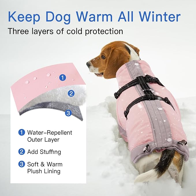 XL Winter Coat for Medium Dogs,Reflective Harness Built in | Turtleneck Dog Snowsuit with Sleeves for Snow Day Keep Warm,Outdoor Activities Water-Repellent & Windproof Jacket (Light Pink)