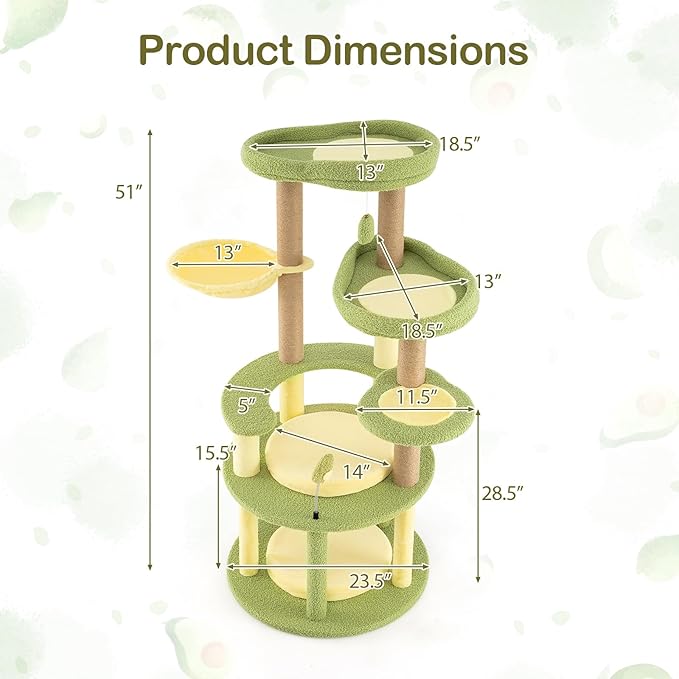PETSITE 51-inch Avocado-Themed Cat Tree, Multi-Level Modern Cat Tower with Jute Scratching Posts, Avocado-Shaped Dangling and Spring Toy, and Removable Cushions, Cute Cat Tree Tower for Indoor Cats