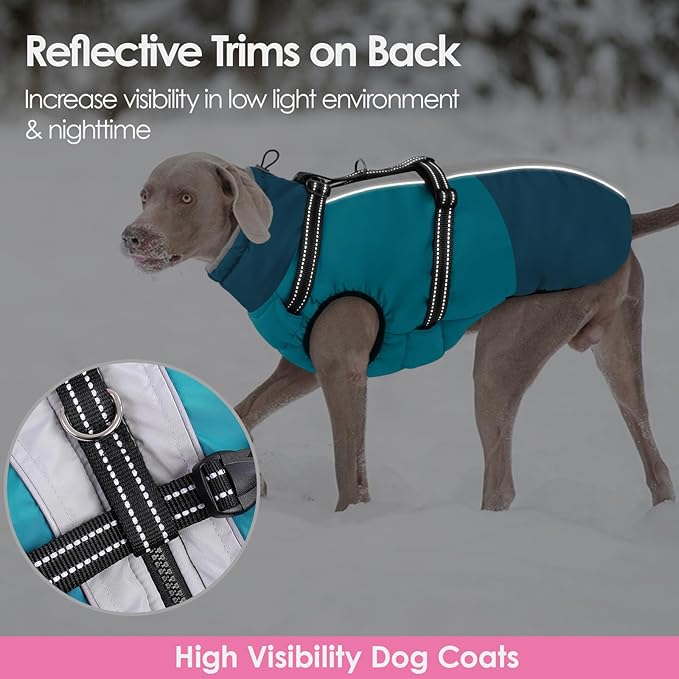 AOFITEE Dog Coat for Large Dogs, Waterproof Dog Winter Jacket with Built in Harness, Warm Turtleneck Cold Weather Coats Large, Reflective Fleece Lined Snow Jacket for French Bulldog, Boston Terrier, L