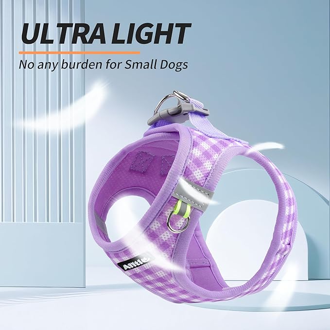 AIITLE Adjustable Dog Vest Harness Set – No-Pull Design, Plaid Print & Reflective Safety– Fits Poodles, Shih Tzus & Medium-Sized Dogs up to 38lbs (M, Purple)