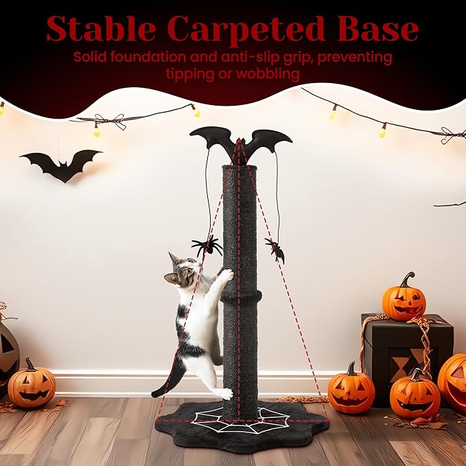 Gothic Cat Scratching Post with Spider Dangling Toys for Indoor Cats, Sisal Scratch Pole, Durable Monster-Themed Scratch Post, Suitable for Kittens and Large Cats, Black