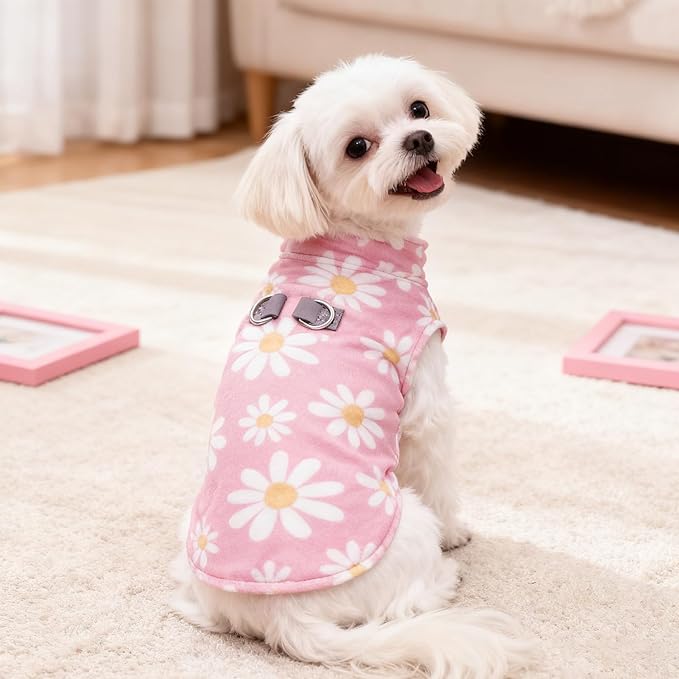 BEAUTYZOO Dog Fleece Vest Sweater Winter Jacket for Small and Medium Dogs with D-Ring Leash Cold Weather Coat Hoodie for XS S M Dogs Boy or Girls,Pink Daisy M
