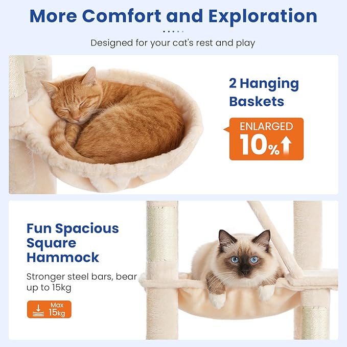 Cat Tree 82 in Multi-Level Cat Tower for Indoor Cats, Heavy Duty Large Cat Tree with Sisal Scratching Posts, Hammock, 2 Perches, 2 Condos, 2 Hanging Baskets, Beige