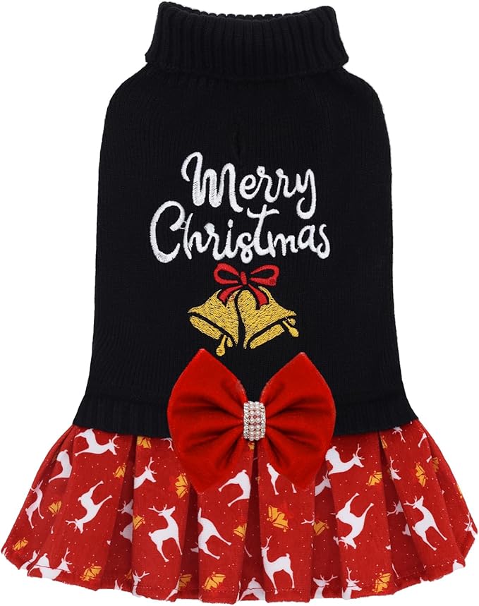 CuteBone Christmas Dog Sweater for Small Dogs Girl, Turtleneck Medium Dog Sweater with Bowtie Leash Hole, Warm Pet Sweaters Knitwear for Small Dogs DS106M