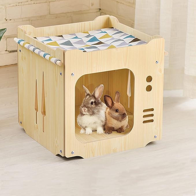 Wooden Cat House Rabbit Hideout with Hammock Stackable Collapsible Cat Kity Cube Room Splicing Bunny Cat Climbing Combination