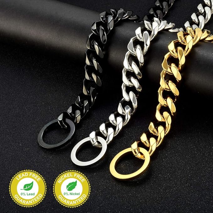 Dog Chain Collar 18K Gold High Polished Stainless Steel Cuban Link Strong Heavy Duty Chew Proof Walking Training Chain Leash Collar for Small Dogs(19mm, 16")