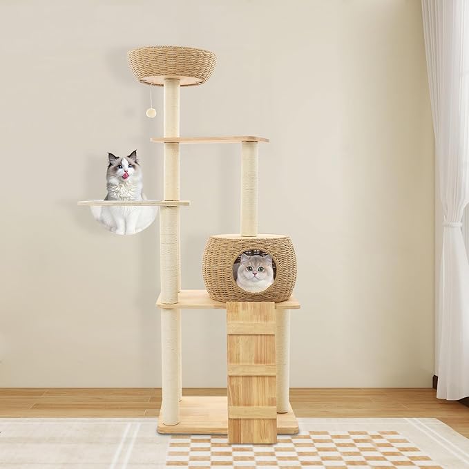 Solid Wood Cat Climbing Shelf, Cat Tree All-in-One Cat Shelf, Rattan Cats Nest Scratching Post for Small Households, Double Sided Mat, 33 Lbs Load Bearing, Sisal Wrapped Post