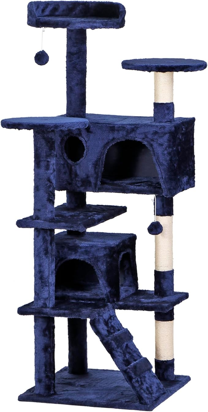 LEMY 54 Inch Cat Tree,Multi-Level Cat Tower Condo for Indoor Kittens,Blue Cat House with Sisal-Covered Scratching Post for Cats to Play and Sleep