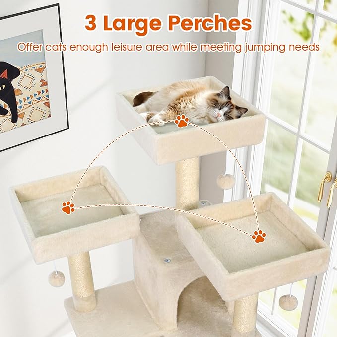 PETSITE Multi-Level Cat Tree, 65 Inches Tall with Sisal Scratching Posts, Condos, Rotatable Cat Basket, Dangling Balls, and Sisal Ladder, Ideal for Indoor Cats to Play and Rest (Beige)