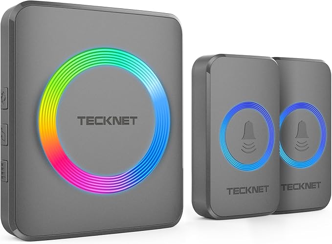 TECKNET Wireless Doorbell with 2 Buttons & 1 Receiver, IP65 Waterproof Doorbells for home, 1300ft Operating Range, 60 Melodies & 5 Volume Levels of 0-120 dB, RGB Light for Hearing Impaired