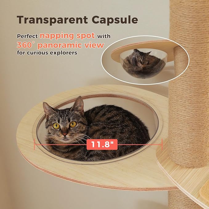 Floor to Ceiling Cat Tree for Indoor Cats, 5-Tier Adjustable Height (79-103 Inch) Sturdy Wooden Tall Cat Climbing Tower with 4.1" Thick Scratching Posts, Acrylic Cave, Non-Slip Pads & 3 Pompoms