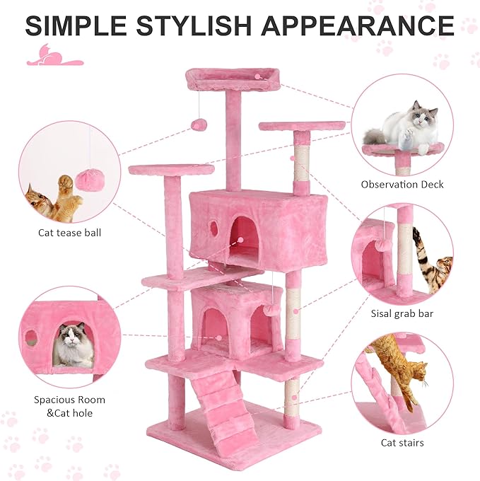 70" Multi-Level Cat Tree Tower with Scratching Posts, Toys & Condo - Space-Saving Design for Indoor Kittens, Compact Floor Footprint & Vertical Space for Multi-Cat Homes-Pink