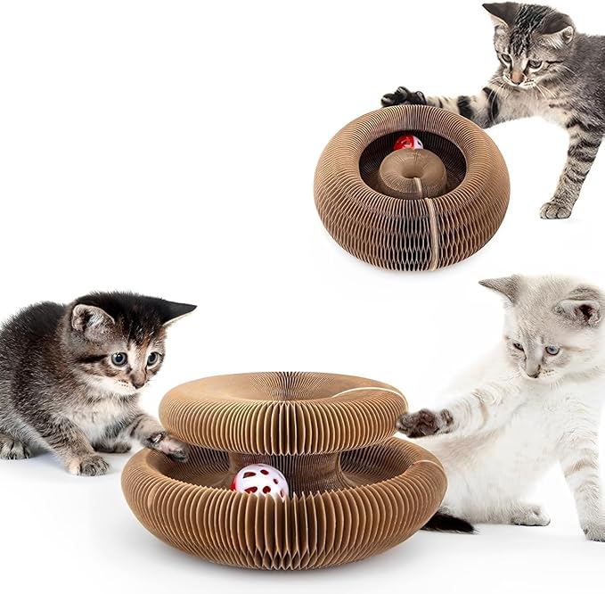 Magic Organ Cat Scratcher Toy - 2 Pack Magnetic Splicing Cardboard Cat Scratching Board with Bell Ball, Foldable Accordion Toy for Indoor Cats, Large Tunnel/Bouncy Ring Shape