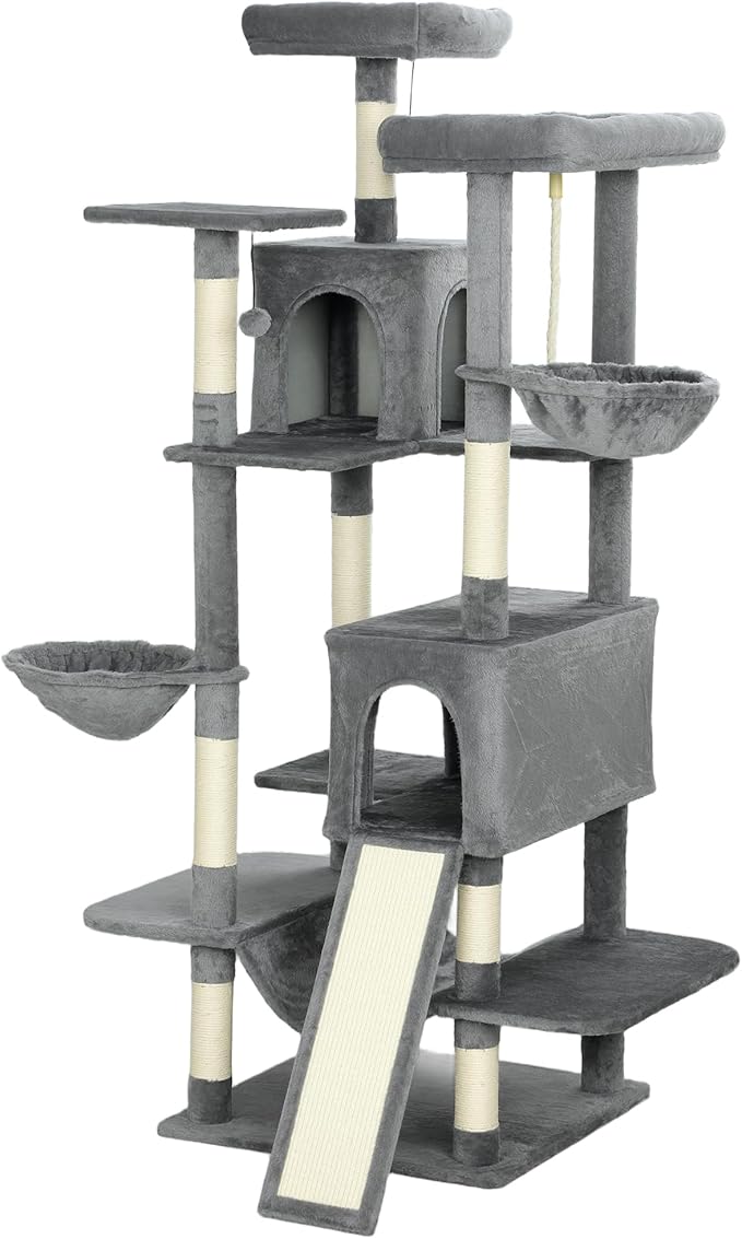 68" Tall Cat Tree Multi-Level Cat Tower for Indoor Cats with Cat Condo, Hanging Basket, Sisal Scratching Posts, Plush Balls and Hammock for Small Large Cats (Dark Gray)