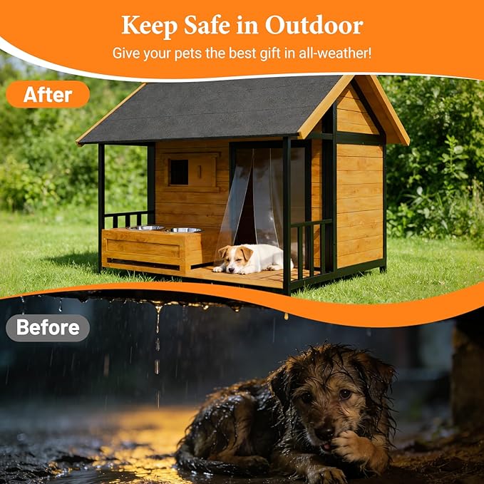 Dog House with Dog Bowls Stand, Large Outdoor Dog House Kennel, Easy to Install, Design with Weatherproof Roof and All-Around Iron Frame for Outside Small Medium Large Breed Dogs(Brown)
