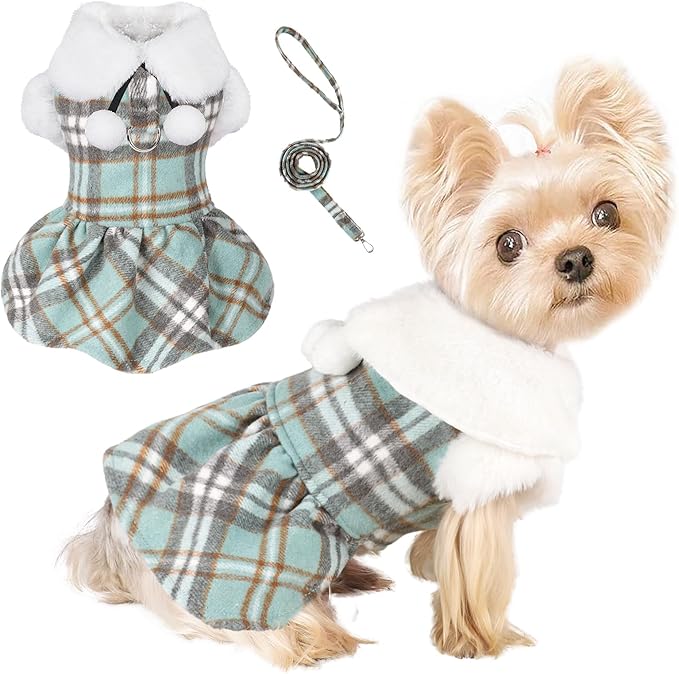 Dog Sweater with Leash Set Plaid Fleece Dog Clothes for Small Dogs Girl Boy Winter Pet Dress Cold Weather Coat Fall Sweater for Chihuahua Yorkie Cat Puppy Costumes (Turquoise, XX-Small)