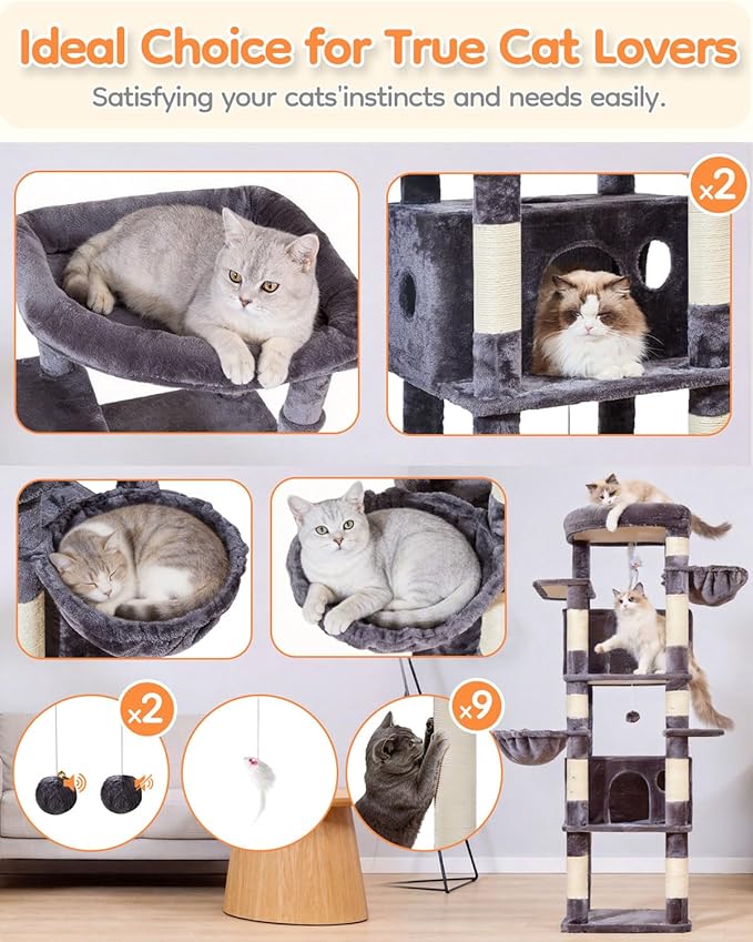 Taoqimiao 73 Inch Cat Tree XXL, Cat Tower for Indoor Cats, Large Cat Tree for Big Cats, Enlarged Platform, 2 Spacious Cat Condos, 9 Scratching Posts, 2 Cozy Baskets, F30G Smoky Gray