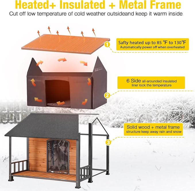 AIVITUVIN Heated Outdoor Dog House for Winter, Large Wooden Dog Kennel with Heated Pad, Insulated Liner, Metal Frame, Waterproof Roof, Raised Base and Porch for Medium to Large Dogs