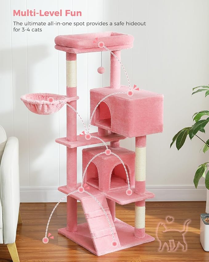 PEQULTI 56.3'' Cat Tree for Large Cats with Super Large Top Perch, Tower for Indoor Cats with Hammock and Sleeping Bag, Cat Shelves with Scratching Posts and 2 Condos Houses Pink