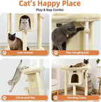 Cat Tree Tower Scratching Post for Indoor Large Cats, Small Cat Tree with Big Perch Bed, 28in Tall Trees House with Condo Cave, Toy Balls, Modern Climbing Furniture Platform for Kitten (Beige)