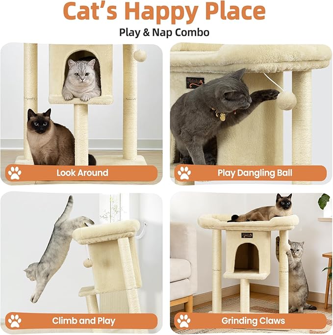 Cat Tree Tower Scratching Post for Indoor Large Cats, Small Cat Tree with Big Perch Bed, 28in Tall Trees House with Condo Cave, Toy Balls, Modern Climbing Furniture Platform for Kitten (Beige)