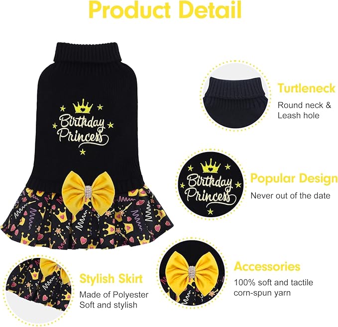 CuteBone Core Spun Birthday Dog Sweater Dress for Small Dogs Girl, Turtleneck Embroidery Medium Dog Sweater with Leash Hole, Dog Coat for Chihuahua Yorkie Teacup DS105L