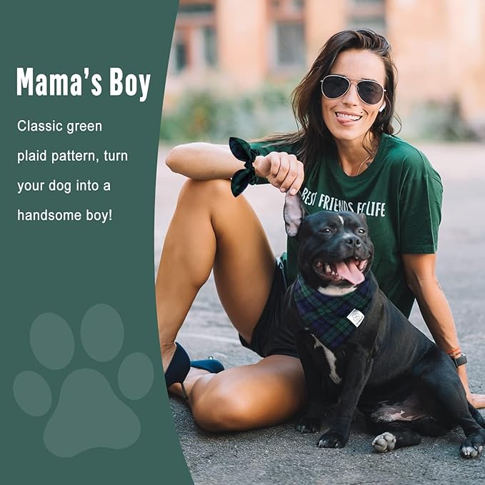 E-Clover Green Dog Bandanas Boy & Matching Scrunchie Set Plaid Scarf Kerchief for Small Dog Puppy Bandana Pet Owner Blue St Patrick Spring