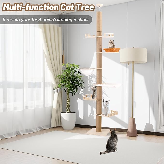 Romiromi 98”-102” Floor to Ceiling Cat Tree, Height Adjustable 7-Tier Ceiling to Floor Cat Tower, Wooden Pet Tree with 6 Sisal Scratching Post for Indoor Cats