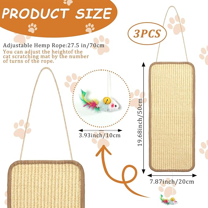 3 Pcs Sisal Door Cat Scratching Mat,7.9"x19.6" Cat Scratching Pad with a Mouse Play Toy-Wall Floor Mount-Double Use Hanging Scratcher with Hemp Rope for Protector Sofa,Wall,Furniture,Floor and Door