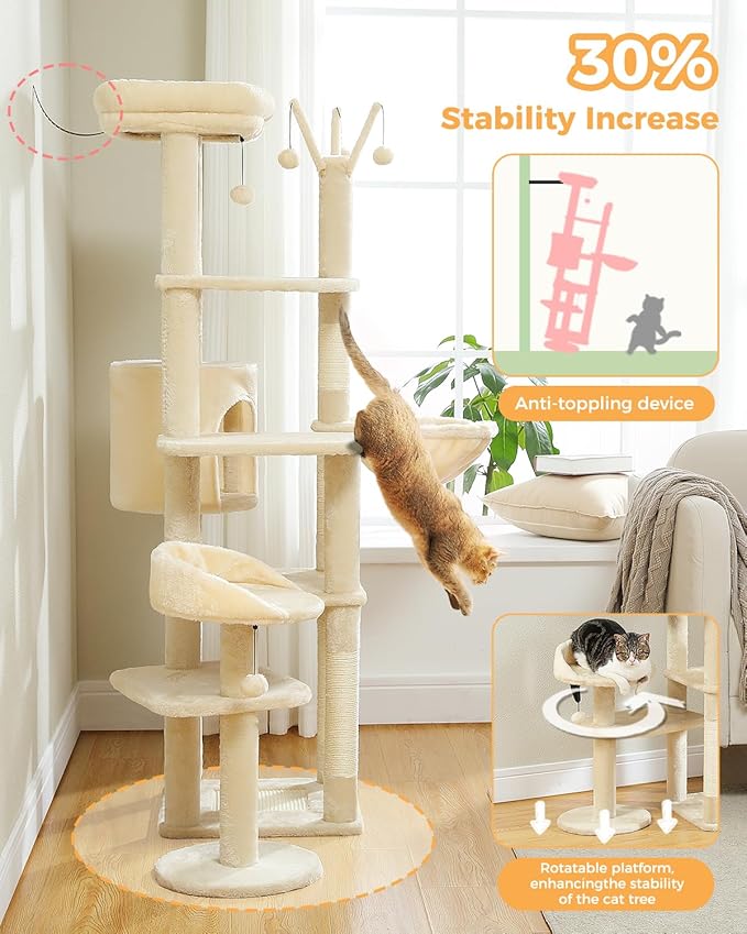 59" Cat Tree, Cat Tower for Large Cats, Multi-Level Cat Tower with 3 Removable Pompom Sticks, Cat Tree for Indoor Cats, Cat Condo with Large Hammock, Scratching Post, and 2 Perches, Beige