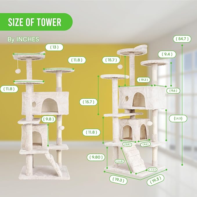24/7 Shop at Home Court 54 inch Multi-Level Cute Cat Tree Tower with Dangling Ball and Scratching Posts for Indoor Cats Adults, Kitten Supplies, Pet House, Beige