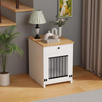 Small Dog Crate Furniture with Drawer, Wooden Pet Kennel End Table for Small Dogs, Furniture Style Indoor Dog House, Decorative White Dog Cage Nightstand, Side Table with Metal Bars & Secure Lock