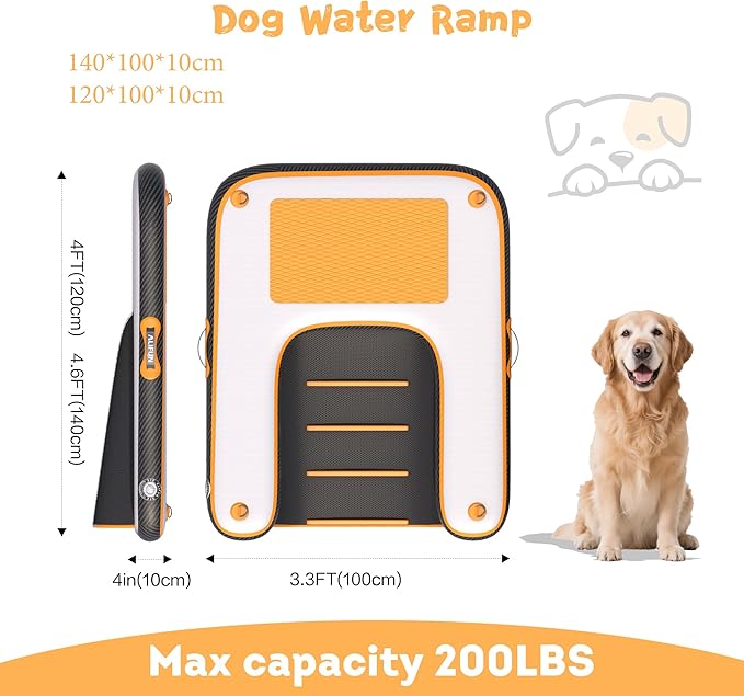 ALIFUN Inflatable Dog Ramp Floating Dock Water Raft Ladder for Pool, Boat, Non-Slip EVA Floating Ladder for Dog Up to 220 LBs Purple 140CM Length (Black-Orange, for Large Dogs Up to 230 lbs)